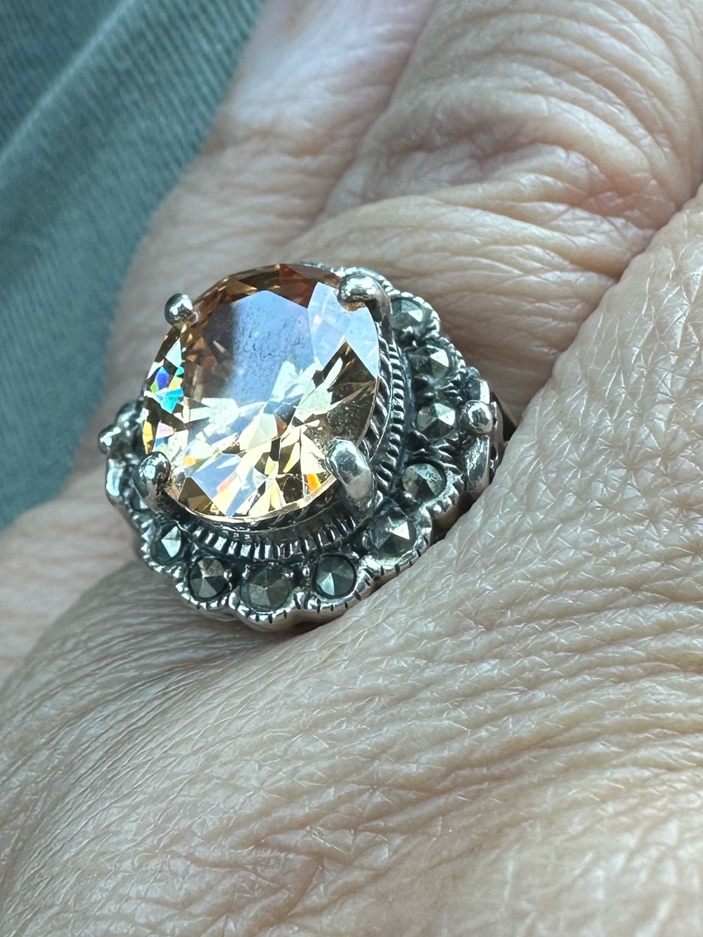 Vintage Sterling Silver 925 Ring with Peach Colored Stone Marcasite Accents